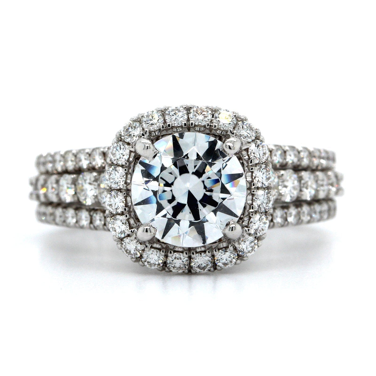 18K White Gold Cushion Diamond Halo 3 Row Engagement Ring Setting, 18k white gold, Long's Jewelers