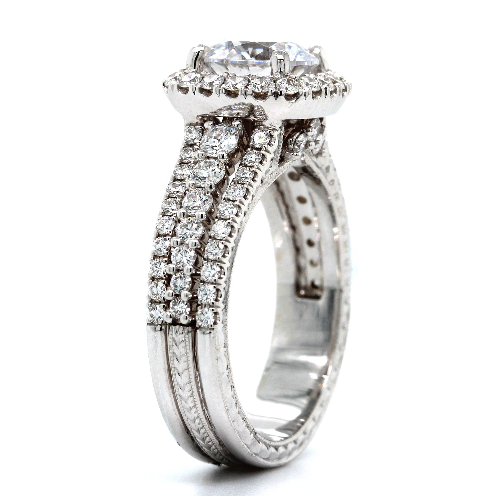 18K White Gold Cushion Diamond Halo 3 Row Engagement Ring Setting, 18k white gold, Long's Jewelers