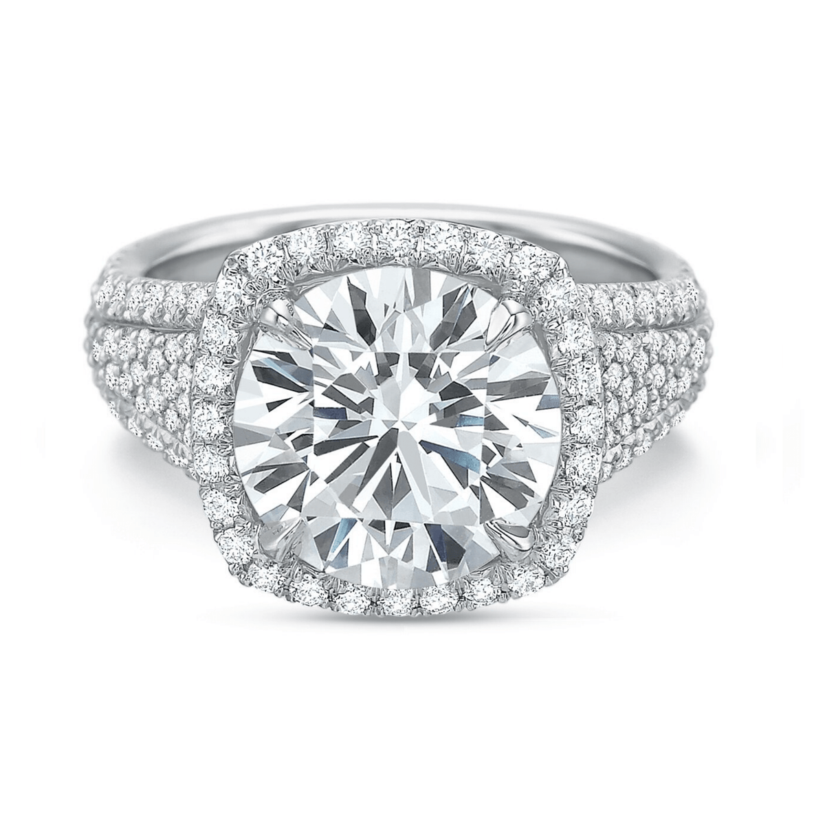 Platinum Cushion Cut Halo Tapered Pave Shank Engagement Ring Setting
