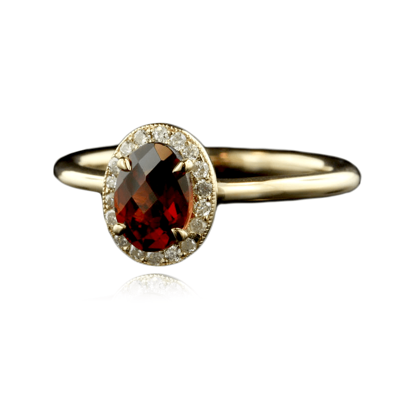 14K Yellow Gold Oval Garnet Diamond Halo Ring