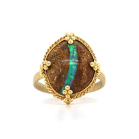 18K Yellow Gold Oval Opalized Wood Ring
