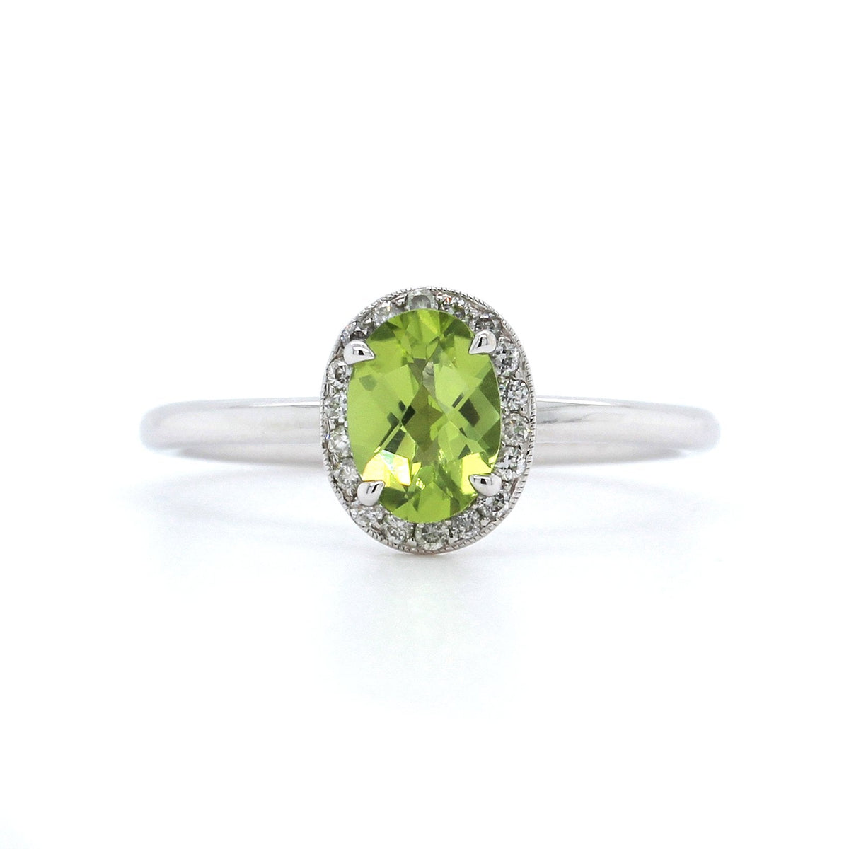 14K White Gold Peridot Diamond Halo Ring