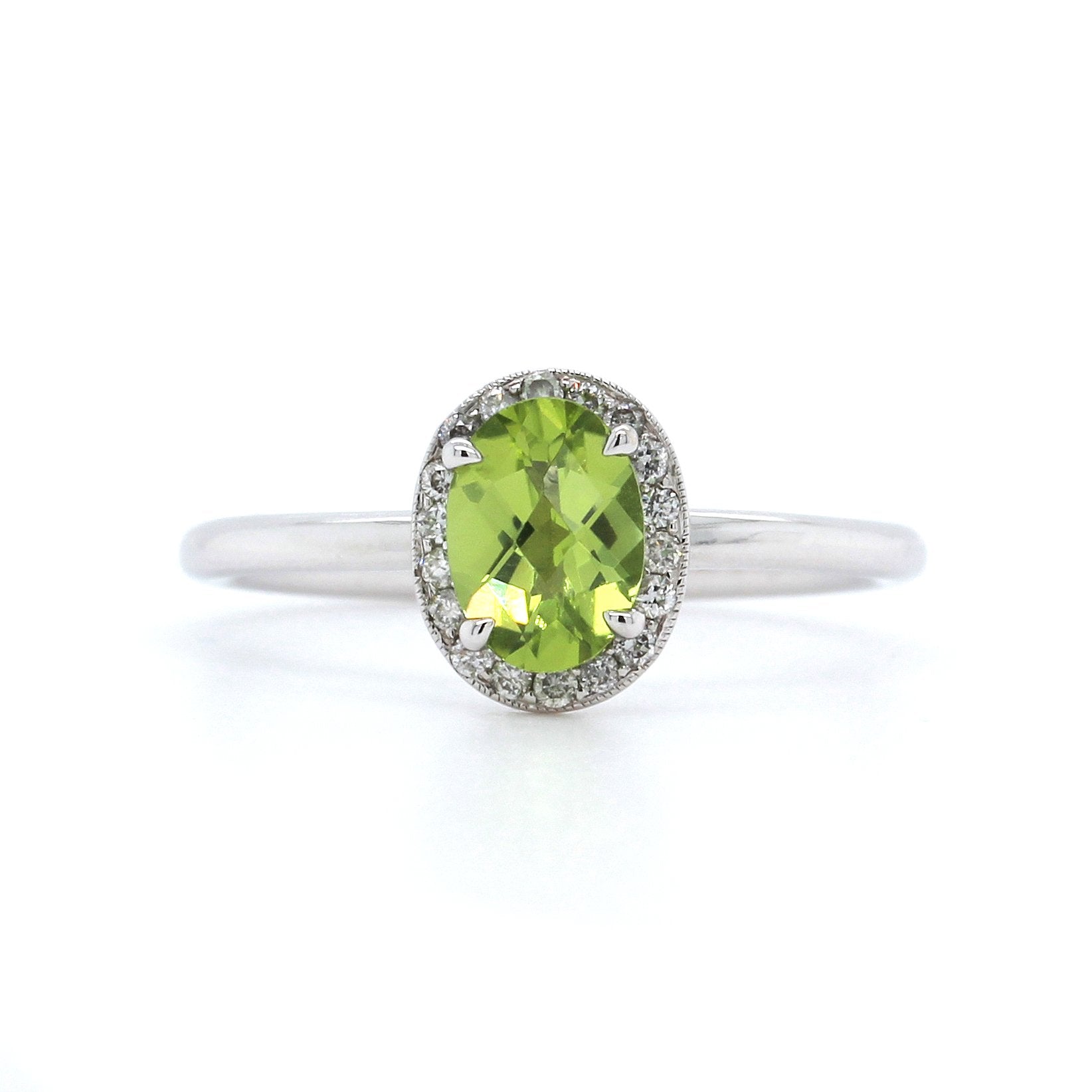 14K White Gold Peridot Diamond Halo Ring