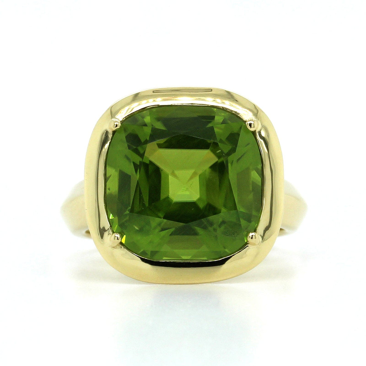 18K Yellow Gold Cushion Peridot Bezel Set Ring, 18k yellow gold, Long's Jewelers
