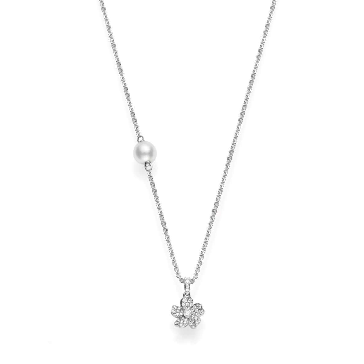 Mikimoto 18K White Gold Diamond and Pearl Pendant Necklace