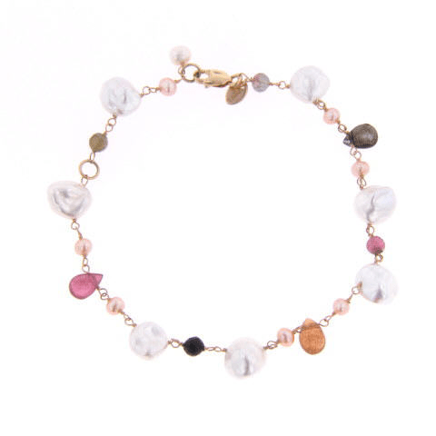 14K Yellow Gold Pearl and Multi Tourmaline Bracelet