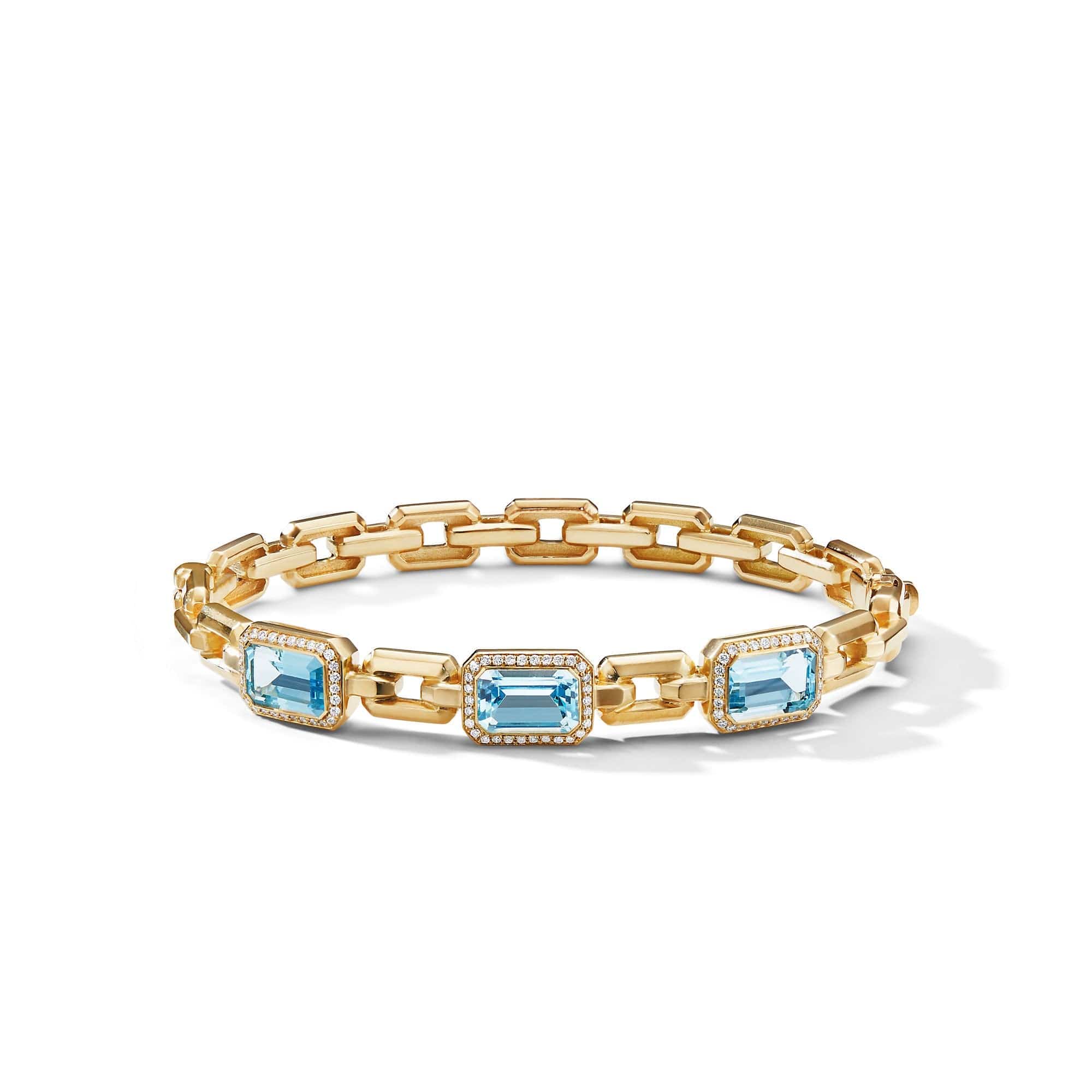 Novella Three Stone Bracelet in 18K Yellow Gold with Blue Topaz and Diamonds, Long's Jewelers