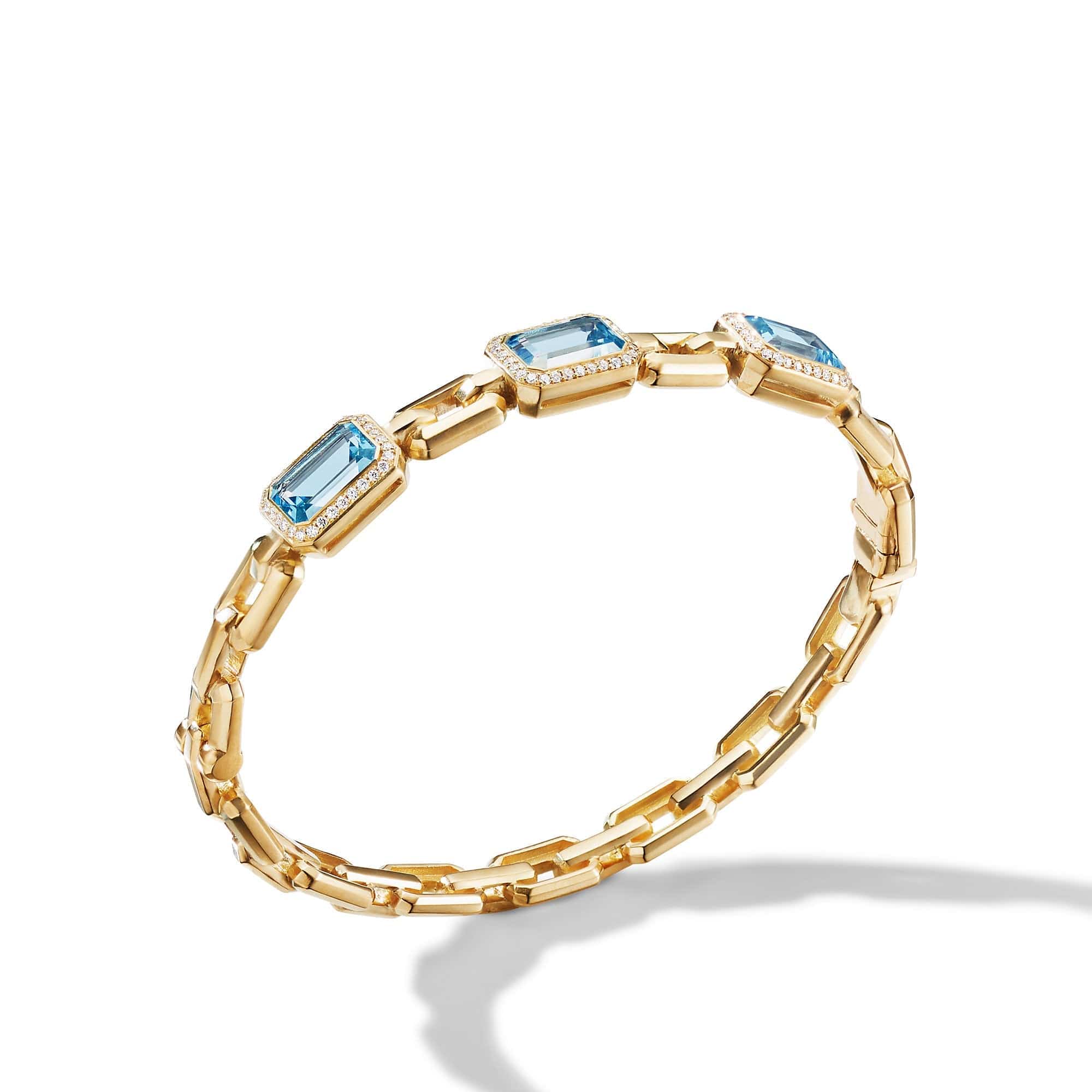 Novella Three Stone Bracelet in 18K Yellow Gold with Blue Topaz and Diamonds, Long's Jewelers
