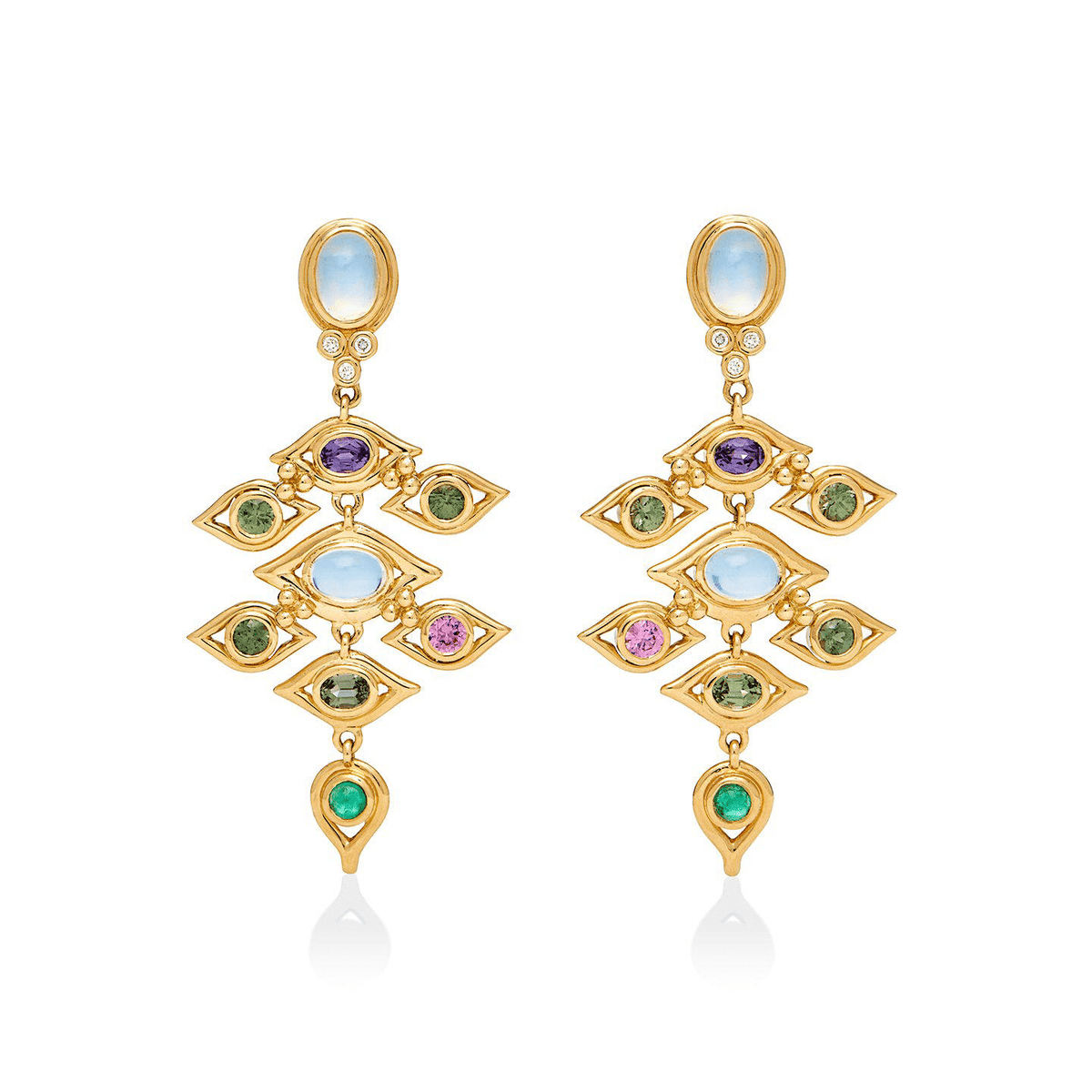 18K Yellow Gold Multi Stone Dangle Earrings