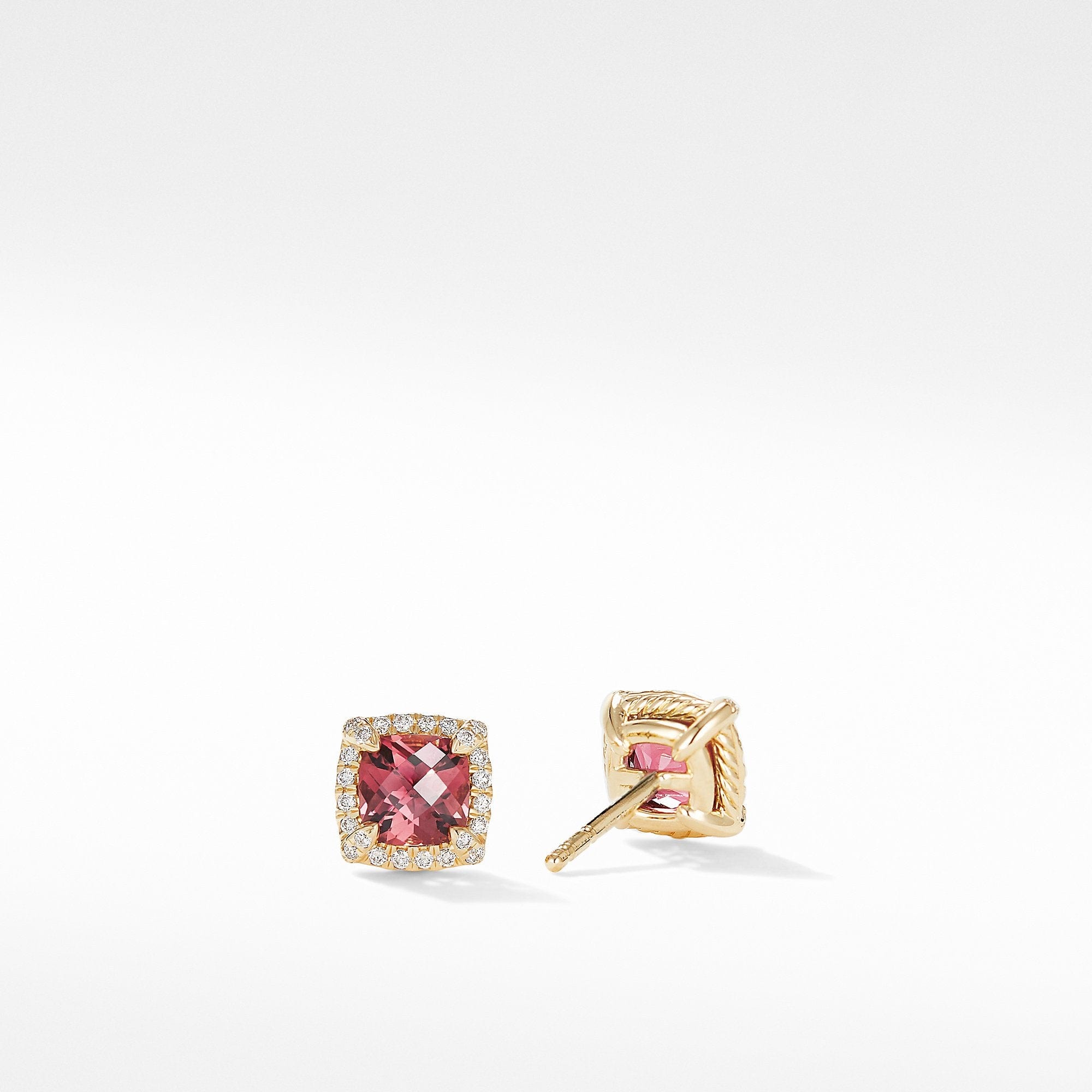 Petite Chatelaine® Pavé Bezel Stud Earrings in 18K Yellow Gold with Pink Tourmaline