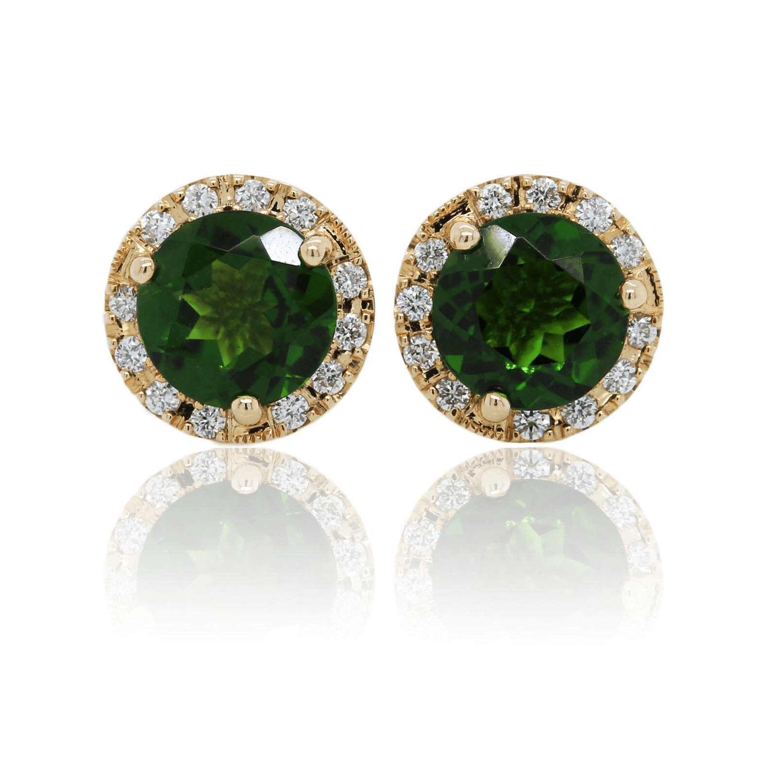 14K Yellow Gold Chrome Diopside Diamond Halo Stud Earrings