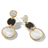 DY Elements Triple Drop Earrings in 18K Yellow Gold with Mother of Pearl, Black Onyx and Pavé Diamonds