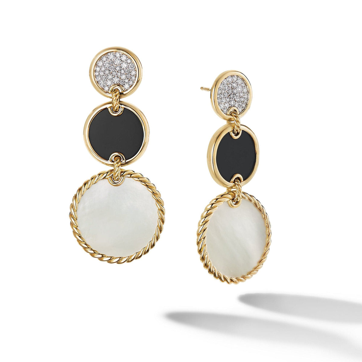 DY Elements Triple Drop Earrings in 18K Yellow Gold with Mother of Pearl, Black Onyx and Pavé Diamonds