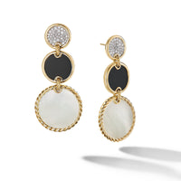 DY Elements Triple Drop Earrings in 18K Yellow Gold with Mother of Pearl, Black Onyx and Pavé Diamonds