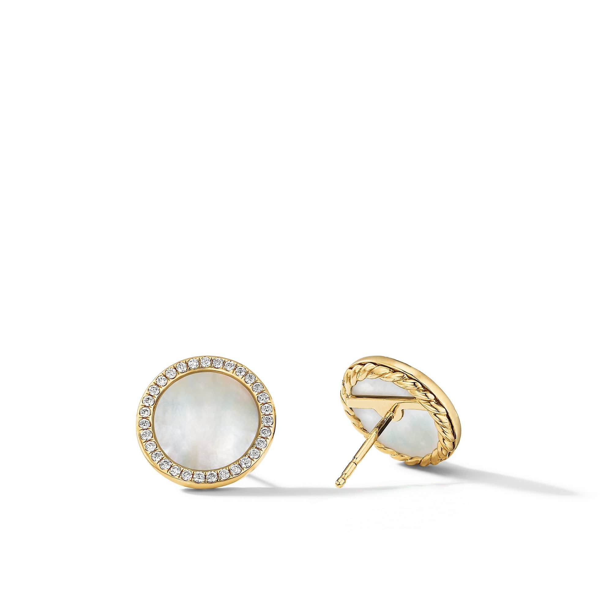 DY Elements Button Stud Earrings in 18K Yellow Gold with Mother of Pearl and Pavé Diamonds