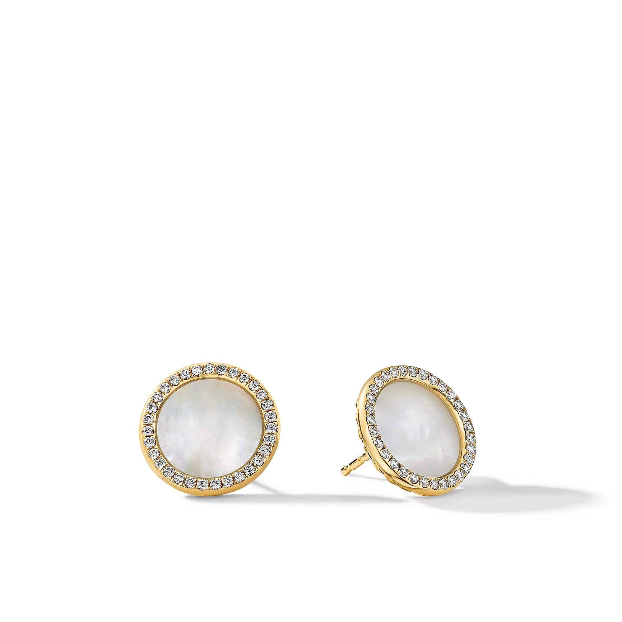 DY Elements Button Earrings in 18K Yellow Gold with Mother of Pearl and Pavé Diamonds