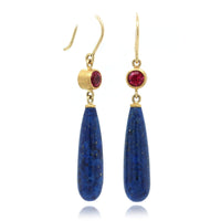 18K Yellow Gold Rubellite and Lapis Drop Earrings