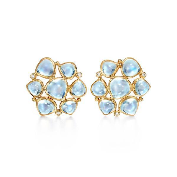 18K Yellow Gold Cluster Moonstone and Diamond Stud Earrings