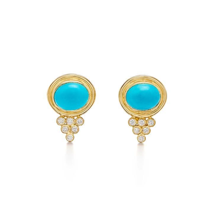 18K Yellow Gold Turquoise and Diamond Stud Earrings