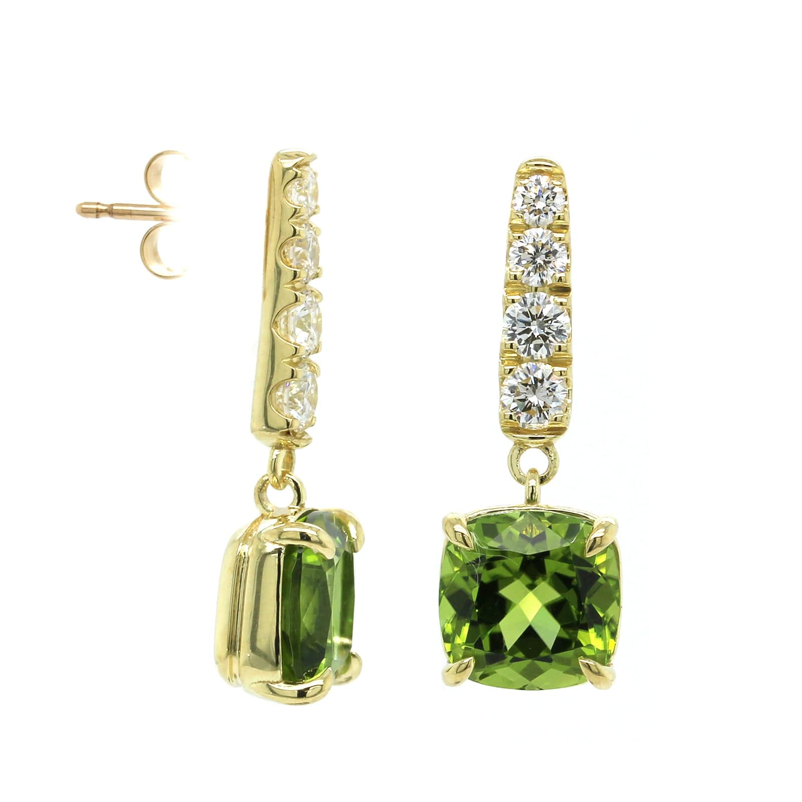 18K Yellow Gold Cushion Cut Peridot Diamond Drop Earrings