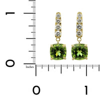 18K Yellow Gold Cushion Cut Peridot Diamond Drop Earrings
