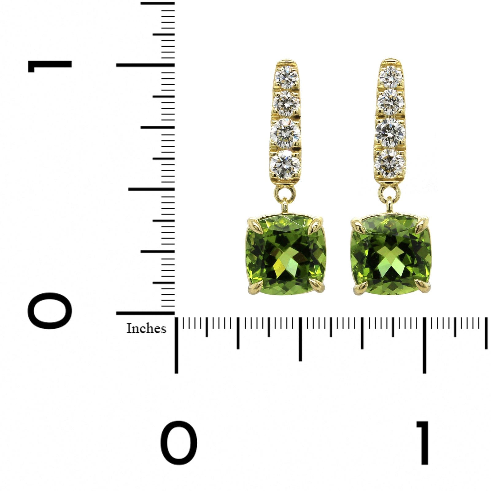 18K Yellow Gold Cushion Cut Peridot Diamond Drop Earrings