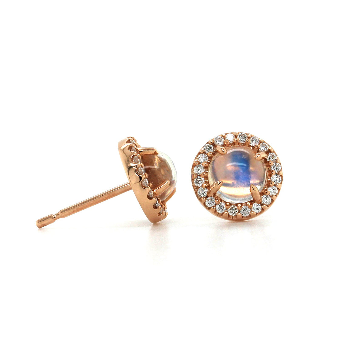 18K Rose Gold Moonstone Diamond Halo Stud Earrings, 18k rose gold, Long's Jewelers