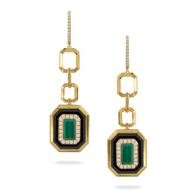 18K Yellow Gold Onyx and Malachite Drop Earings