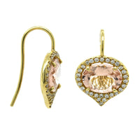 18K Yellow Gold Oval Morganite Diamond Halo Drop Earrings