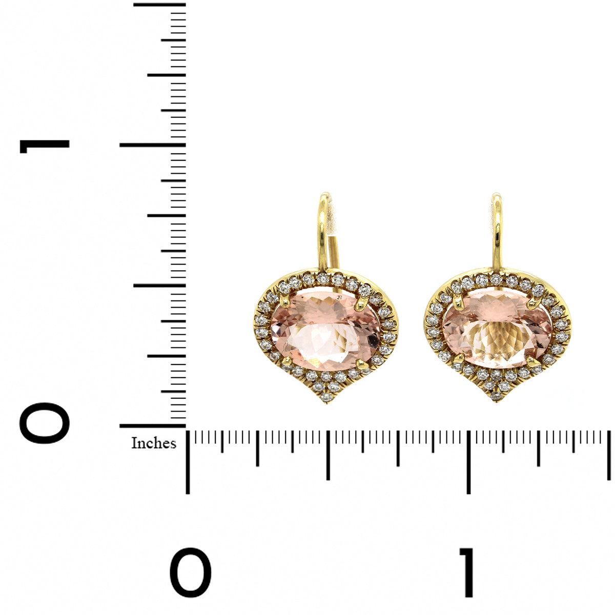 18K Yellow Gold Oval Morganite Diamond Halo Drop Earrings