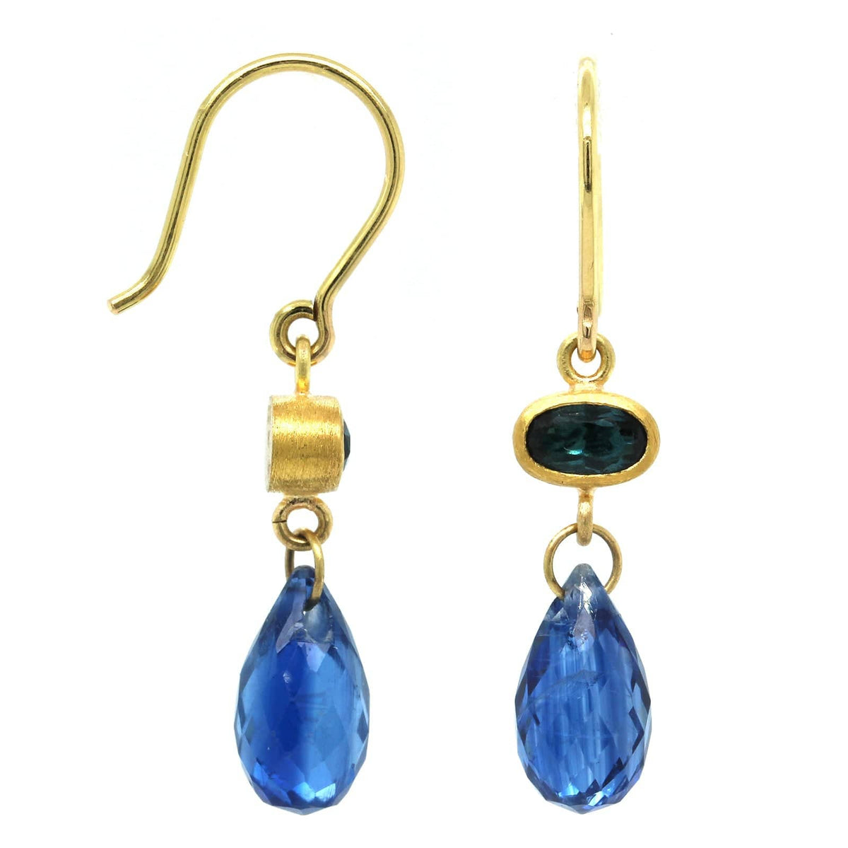 22K Yellow Gold Indicolite and Kyanite Drop Earrings, 22k and 18k yellow gold Long's Jewelers