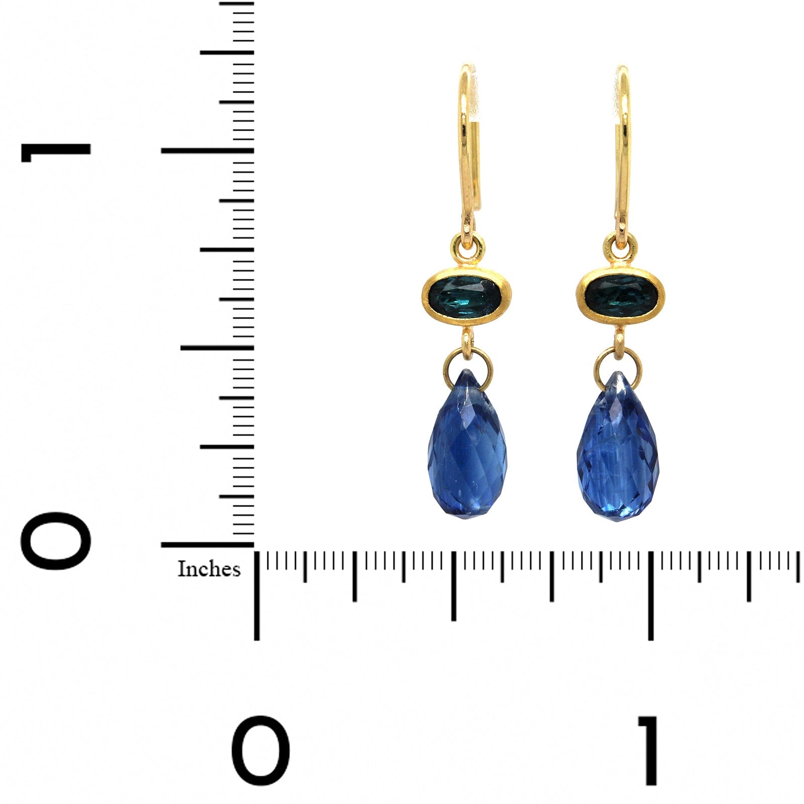22K Yellow Gold Indicolite and Kyanite Drop Earrings, 22k and 18k yellow gold Long's Jewelers