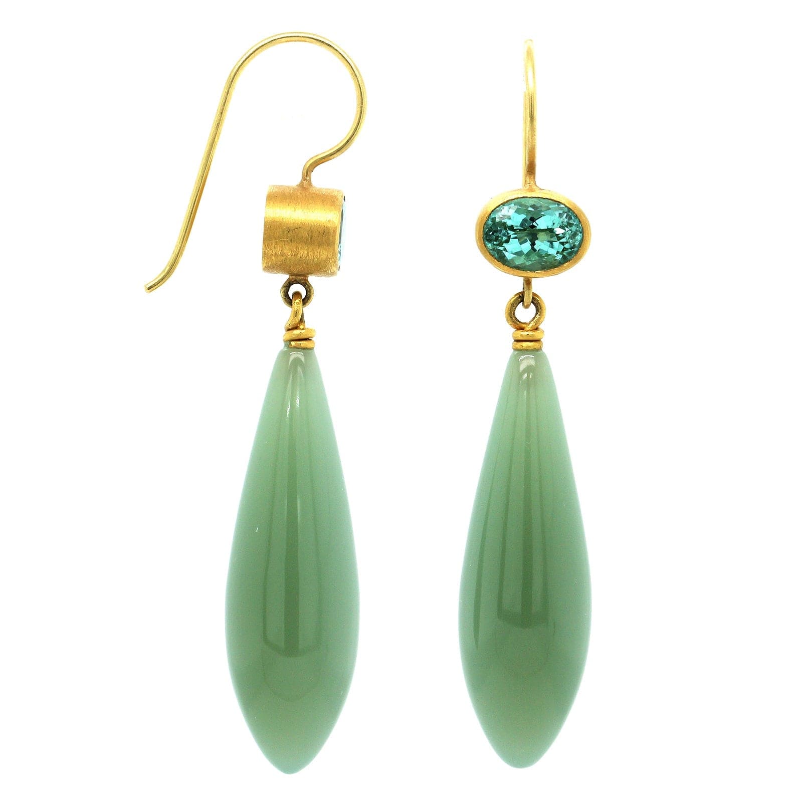 22K Yellow Gold Paraiba Tourmaline and Jade Drop Earrings, 22k and 18k yellow gold Long's Jewelers