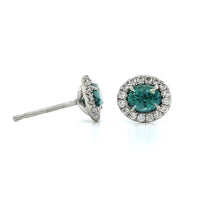 Platinum Oval Alexandrite Diamond Halo Stud Earrings, Platinum Long's Jewelry