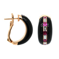 Eclat Jewels 18K Rose Gold Onyx Ruby and Diamond Huggie Earrings