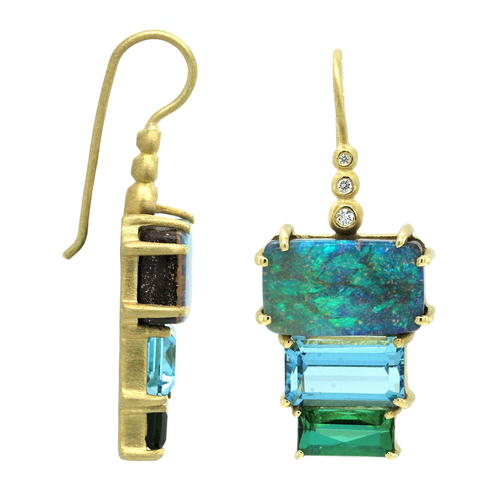 Suzy Landa 18K Yellow Gold Block Shape Multi Stone Drop Earrings