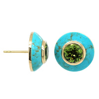 18K Yellow Gold Turquoise and Peridot Stud Earrings