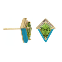 18K Yellow Gold Peridot Blue Enamel Stud Earrings