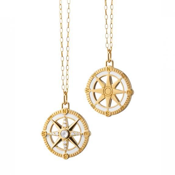 18K Yellow Gold White Enamel and Diamond Compass Necklace