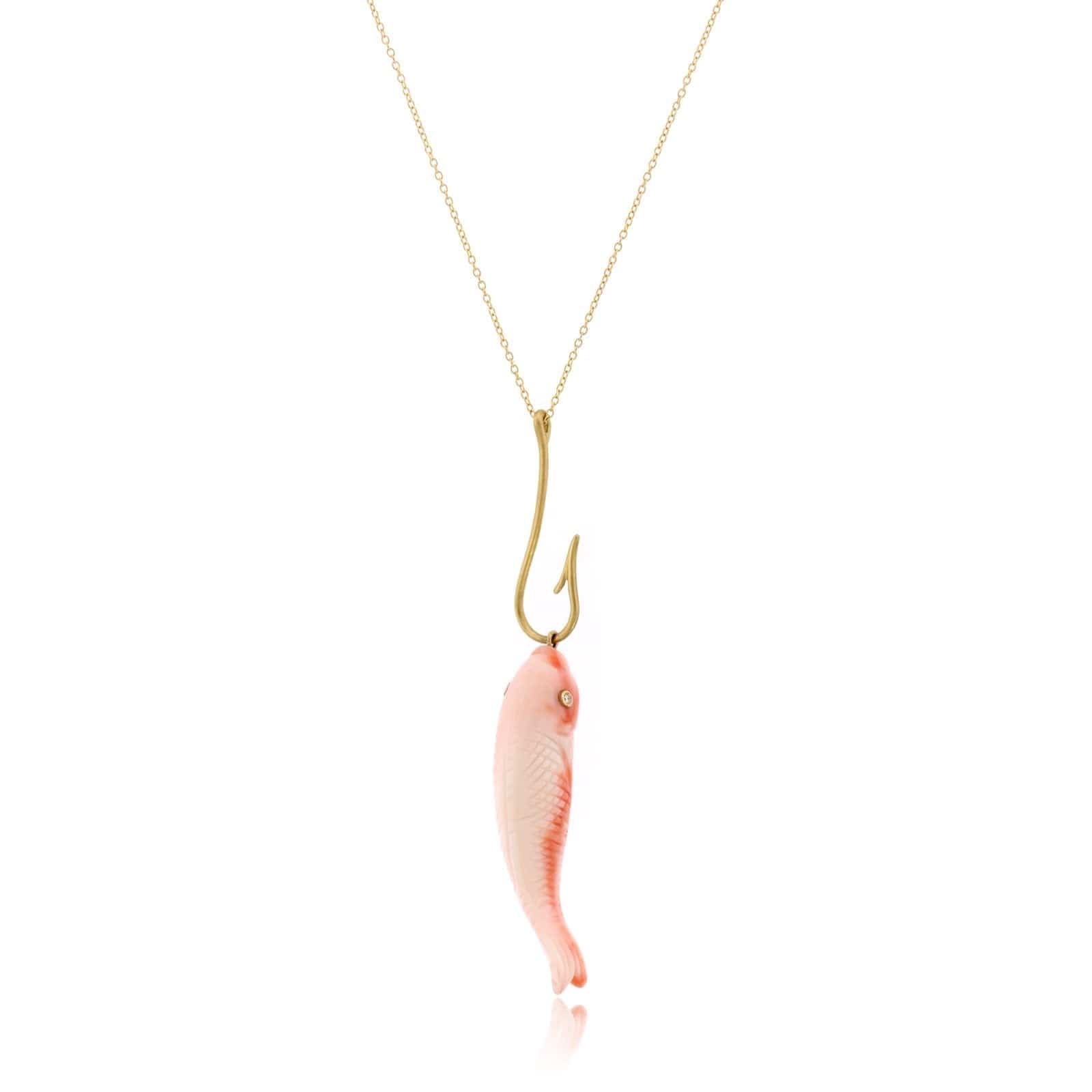 18K Yellow Gold Pink Coral Koi Fish Pendant