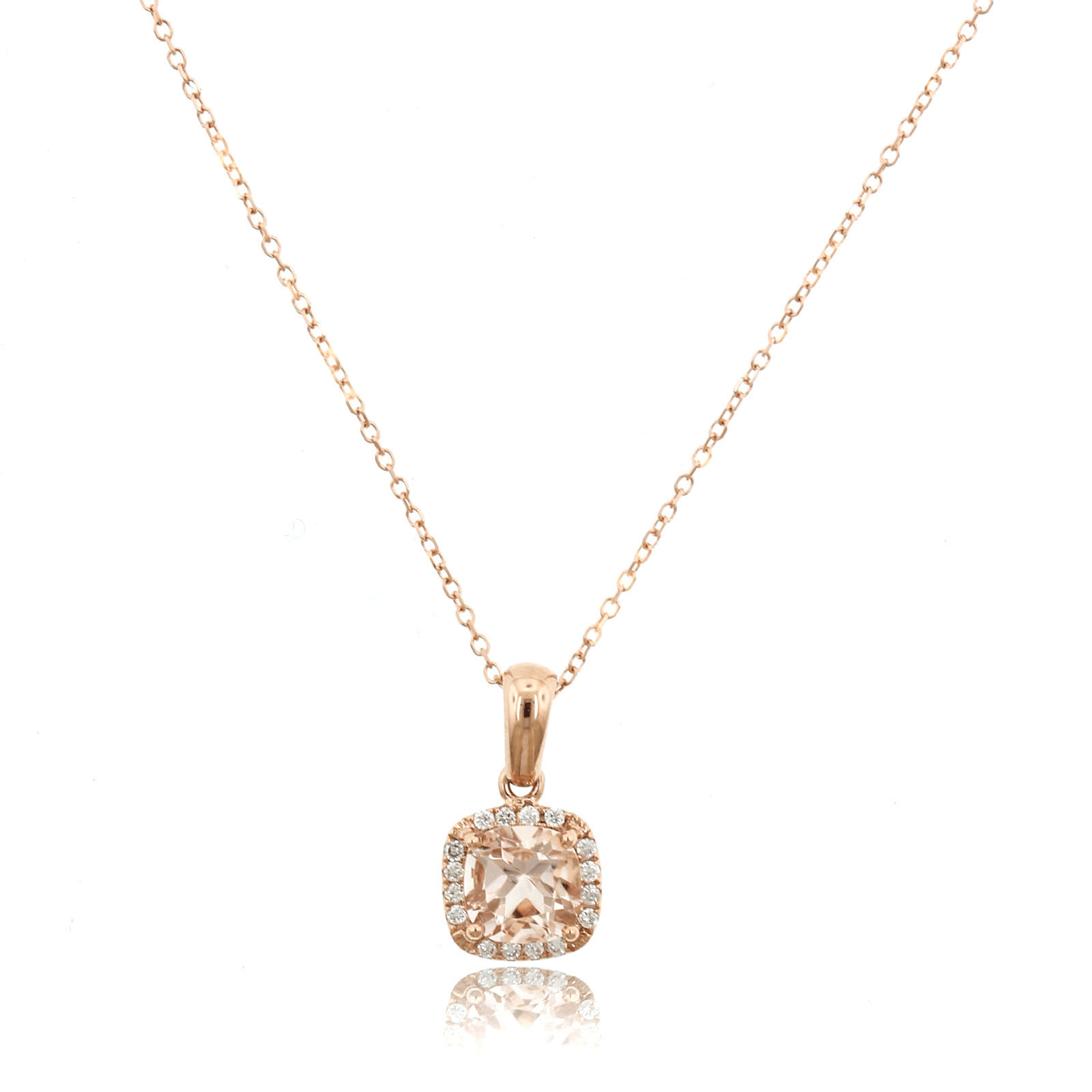 14K Rose Gold Cushion Morganite Diamond Halo Necklace