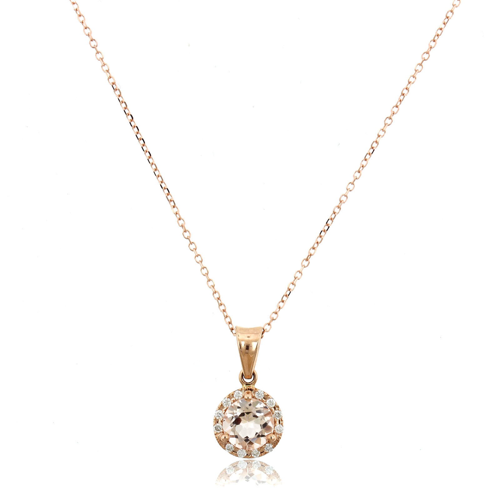 14K Rose Gold Round Morganite Diamond Halo Necklace