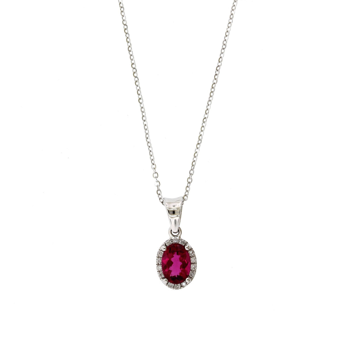 14K White Gold Oval Pink Tourmaline Diamond Halo Necklace