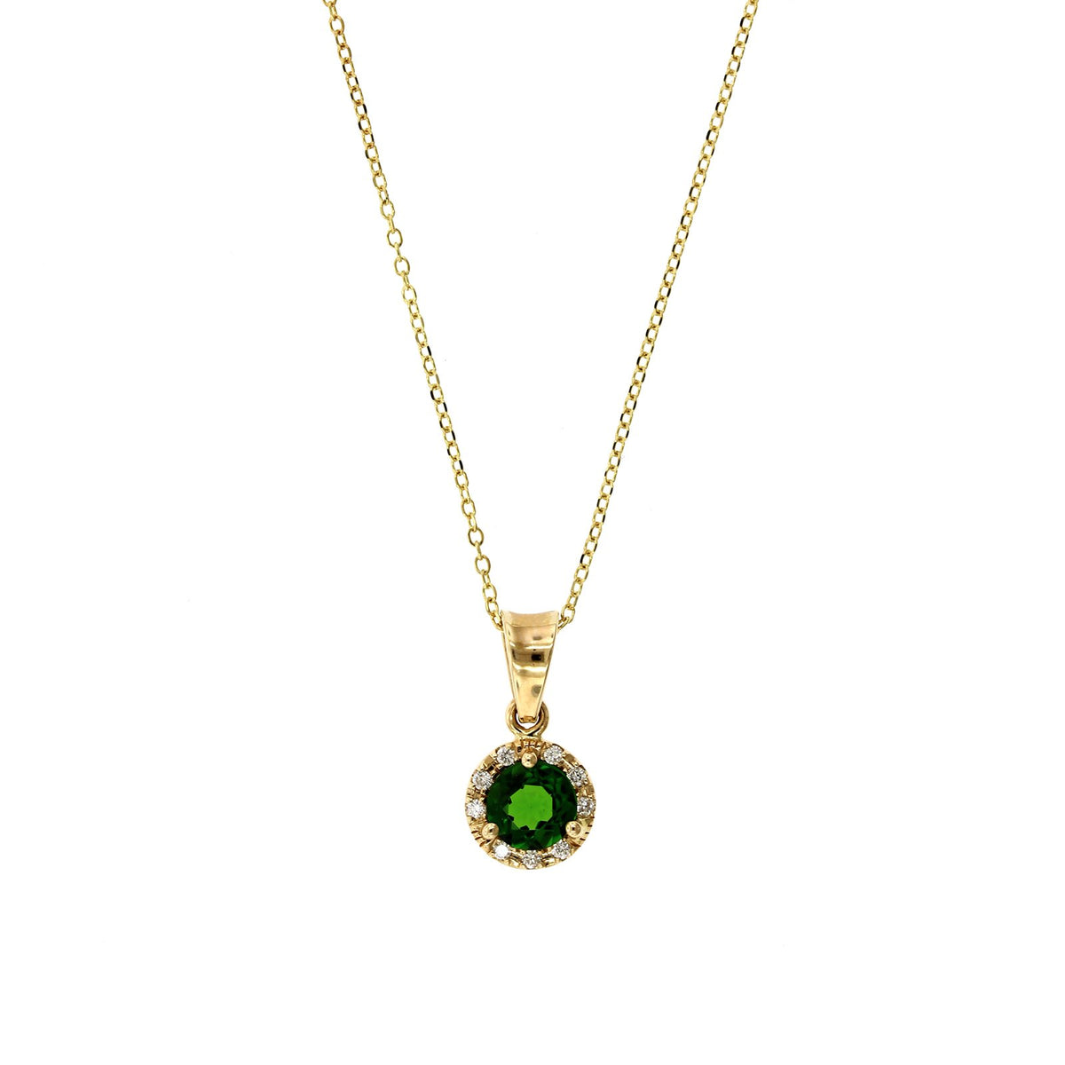 14K Yellow Gold Round Diopside Diamond Halo Necklace