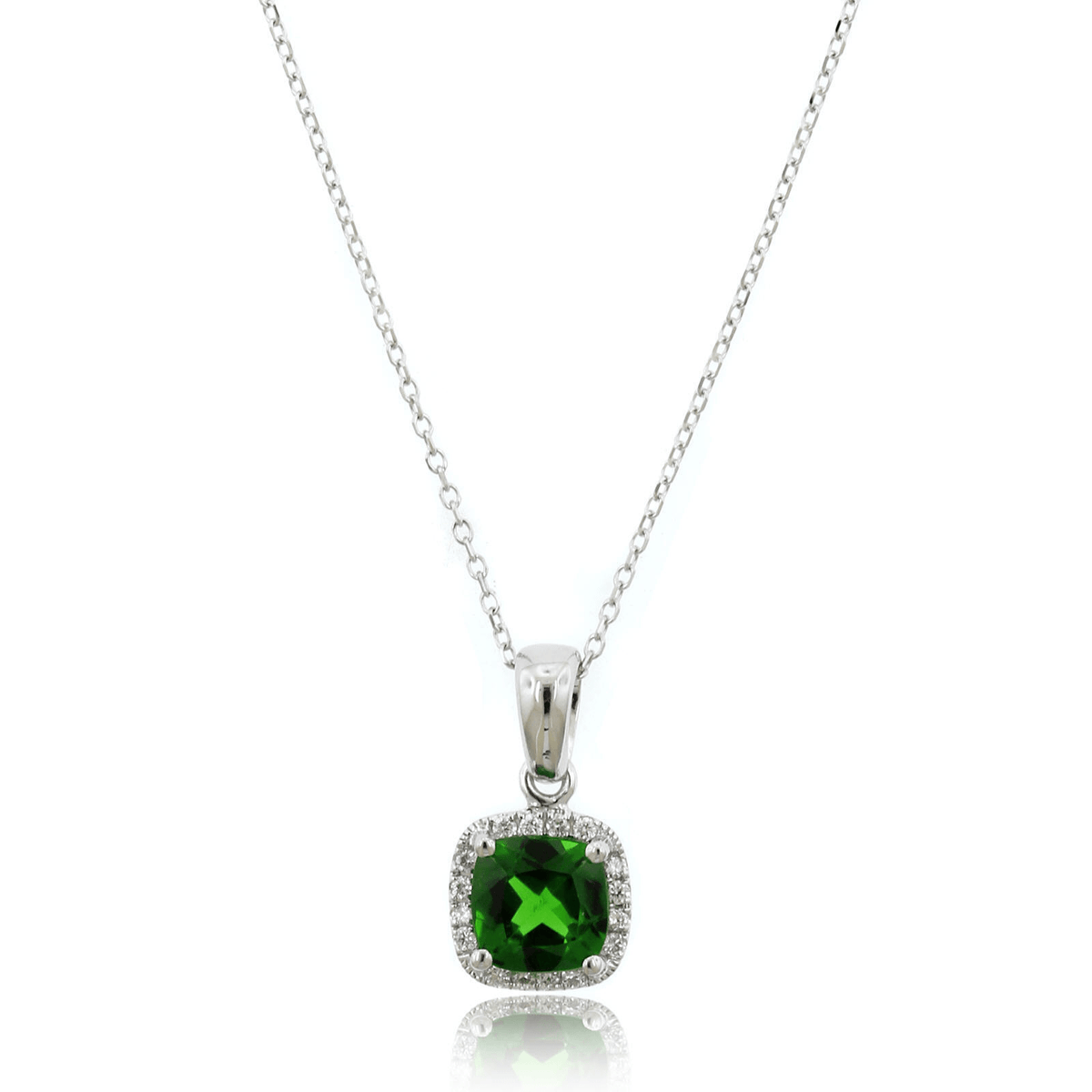 14K White Gold Cushion Diopside Diamond Halo Necklace