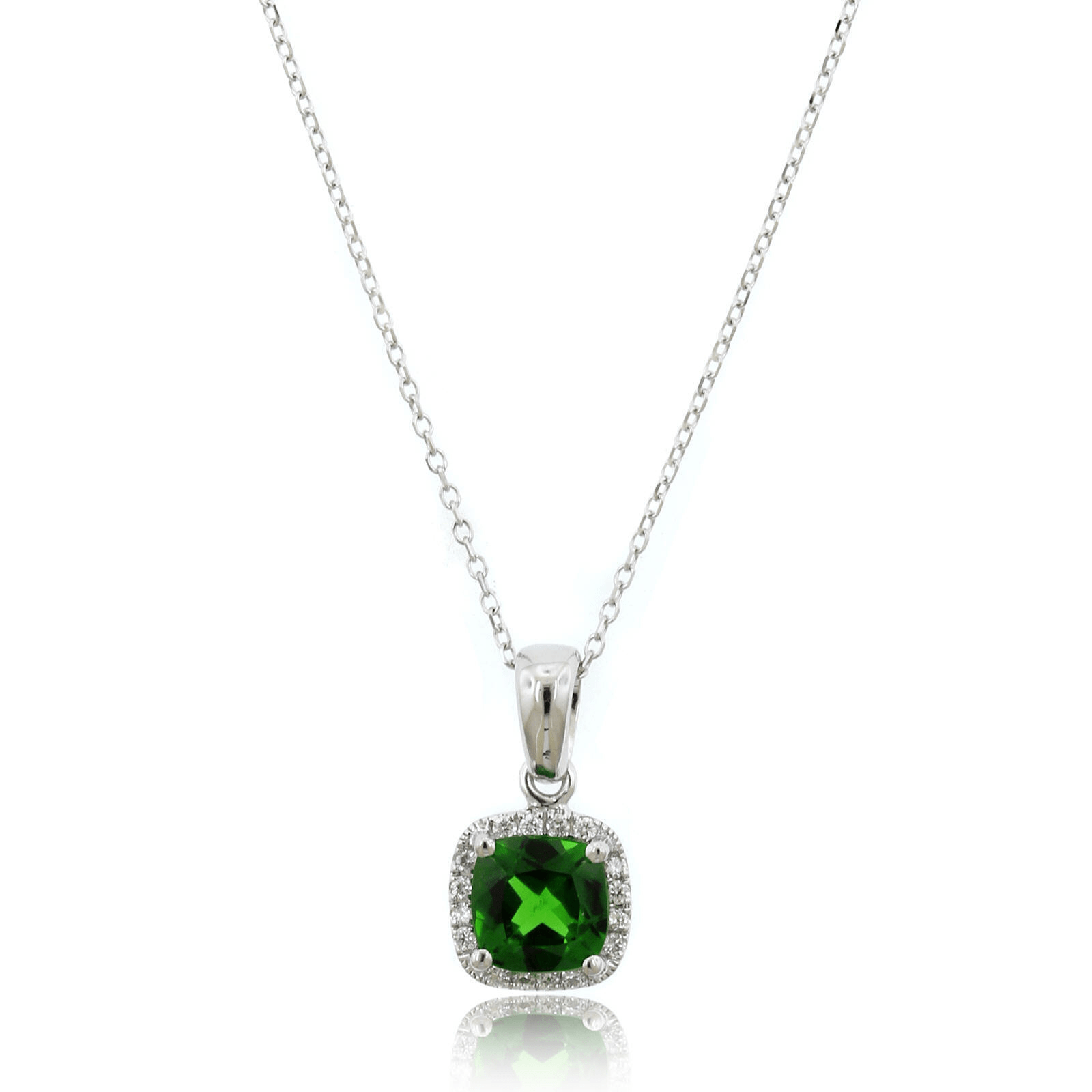 14K White Gold Cushion Diopside Diamond Halo Necklace
