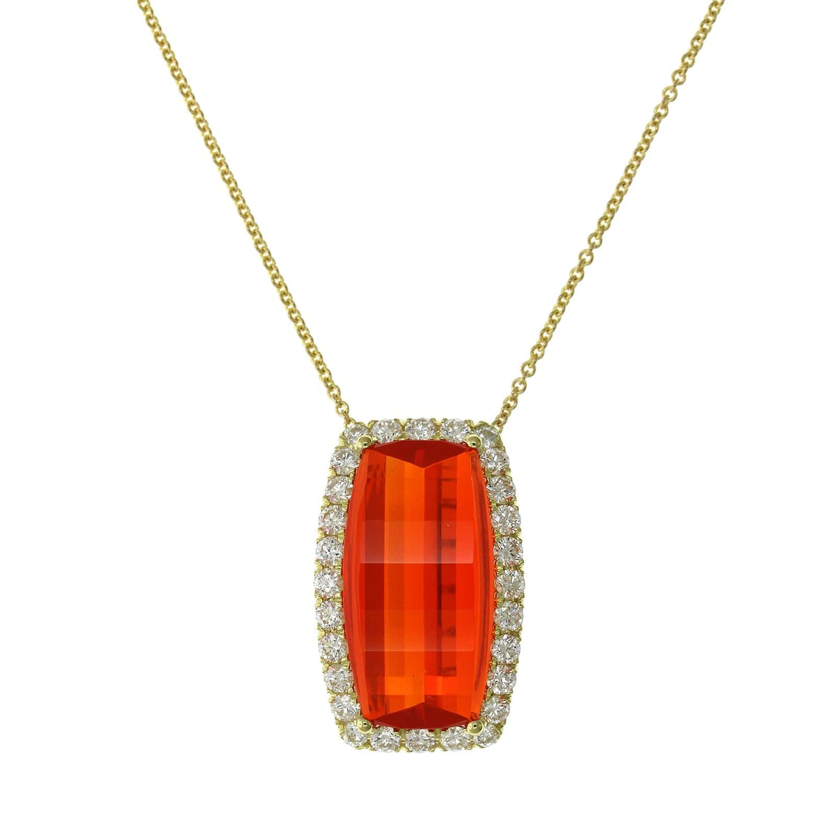 18K Yellow Gold Mexican Fire Opal Diamond Halo Necklace