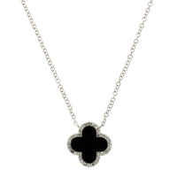 14K White Gold Black Agate Diamond Halo Clover Pendant
