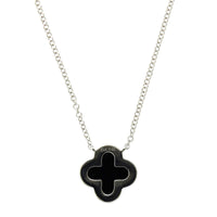 14K White Gold Black Agate Diamond Halo Clover Pendant
