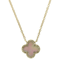 14K White Gold Mother of Pearl Diamond Halo Clover Pendant